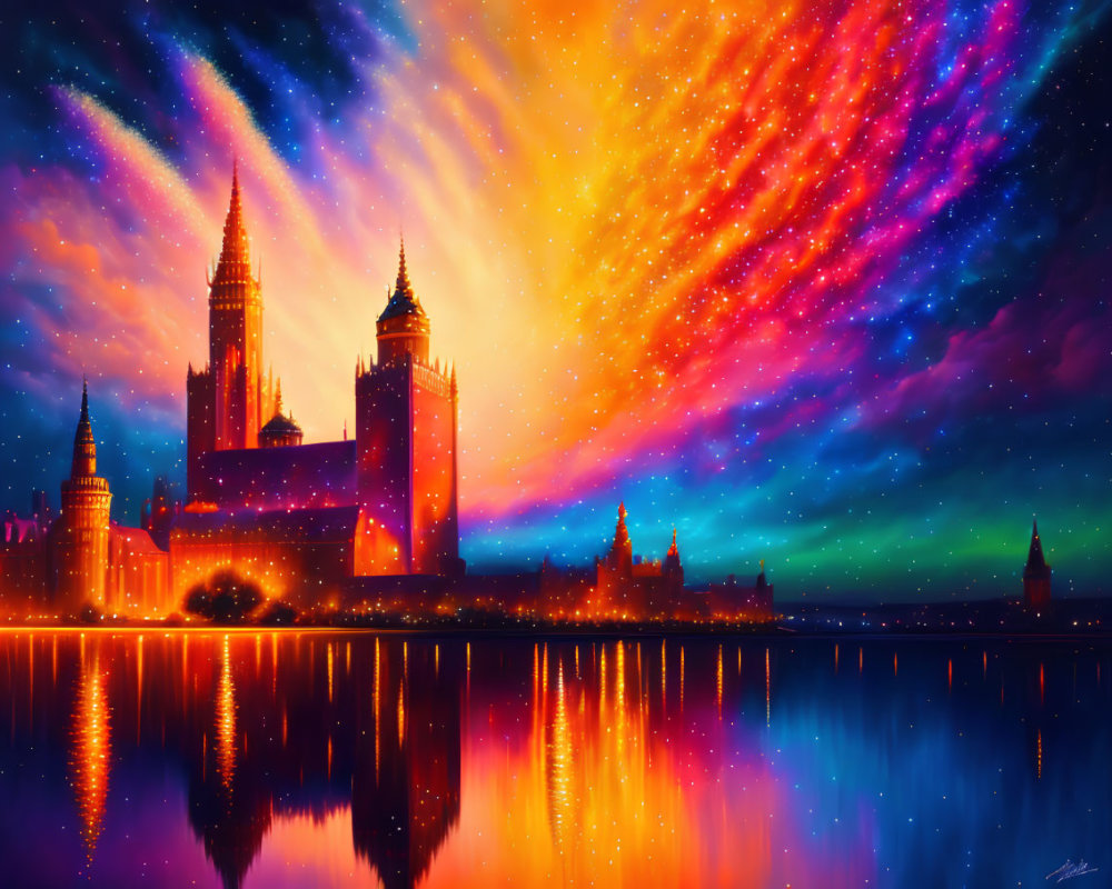 Colorful castle illustration by lakeside with aurora-lit sky.