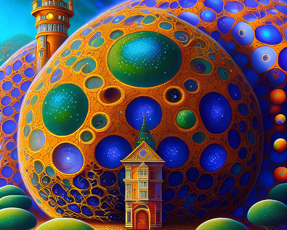 Colorful Surrealist Artwork Featuring Ornate Sphere and Starry Sky