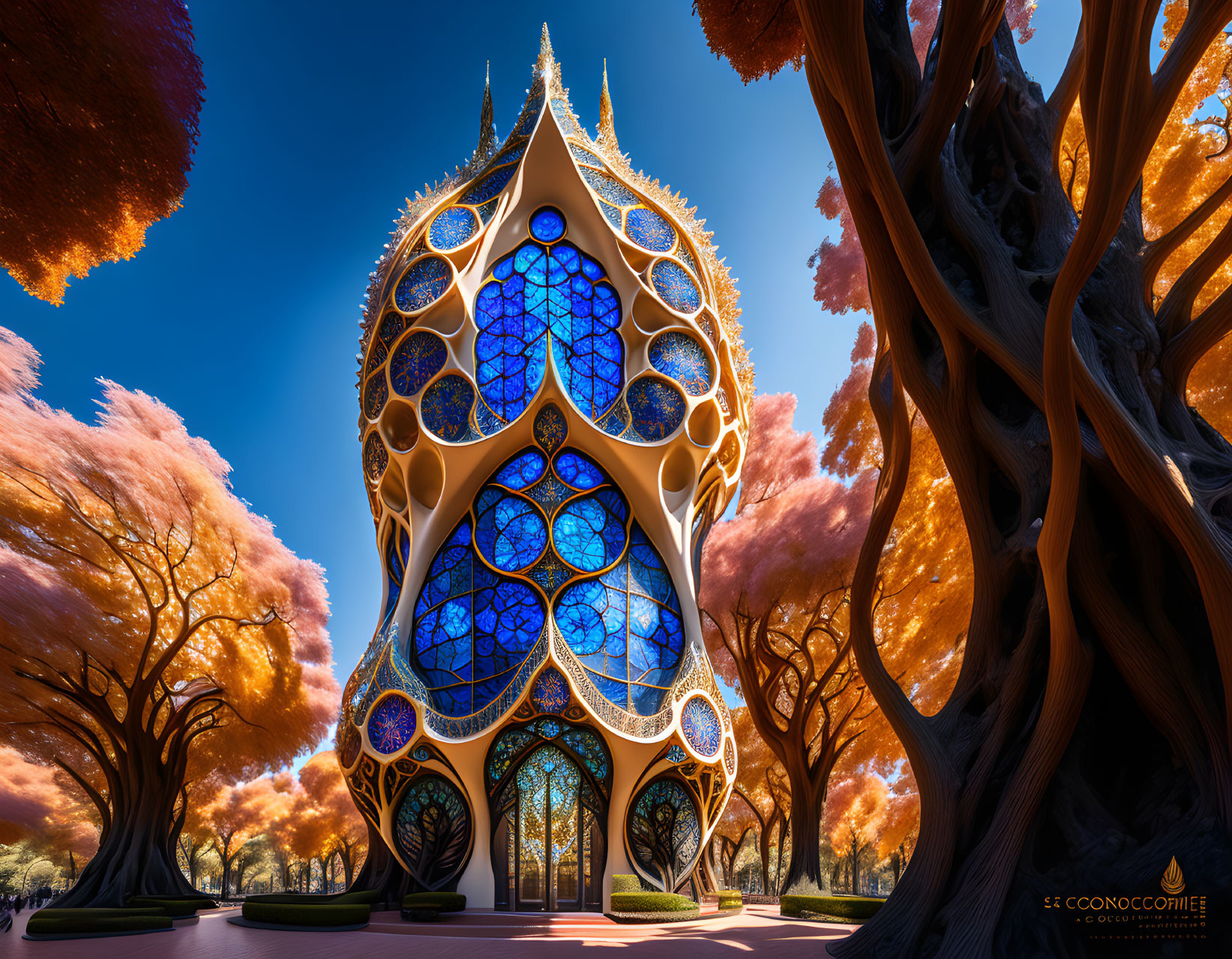 Ornate Gothic-style building with autumn trees against blue sky