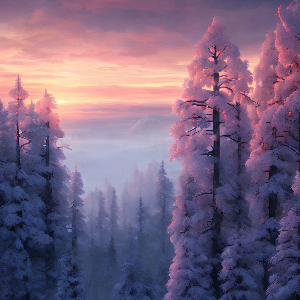 Snow-covered trees in tranquil winter sunrise with pastel-colored sky