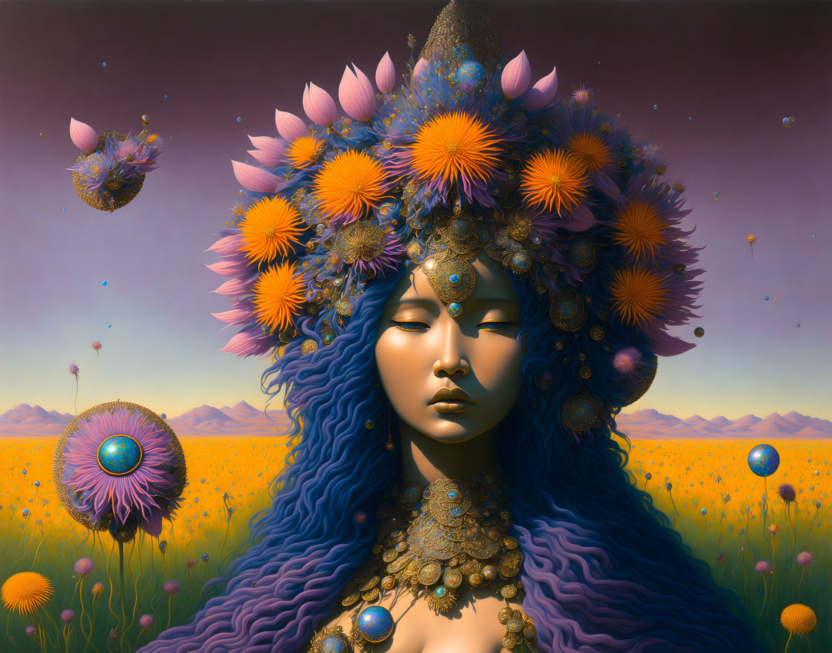 Surreal portrait of female figure with blue hair and floral jewelry in vibrant landscape