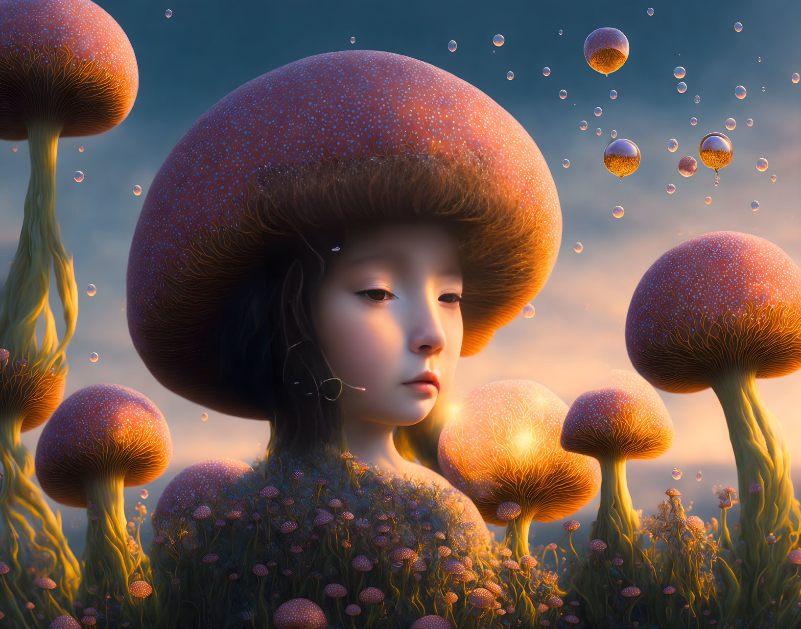 Artwork of girl with mushroom cap in twilight ambiance