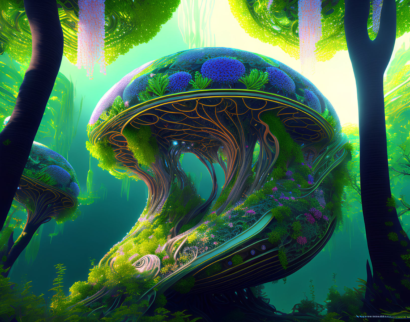 Luminous forest with mushroom-shaped trees and vibrant plants