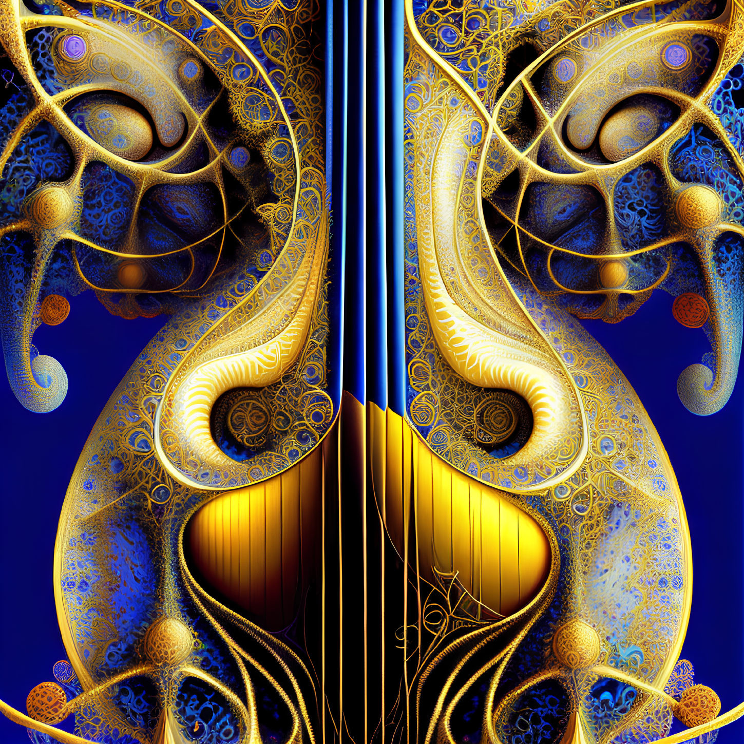 Symmetrical fractal design with golden patterns on deep blue background