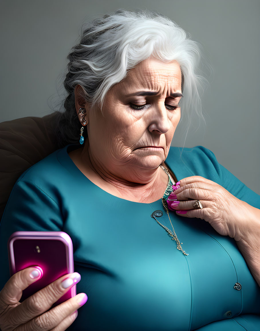 Elderly woman in blue attire with white hair looking at pink phone and holding necklace