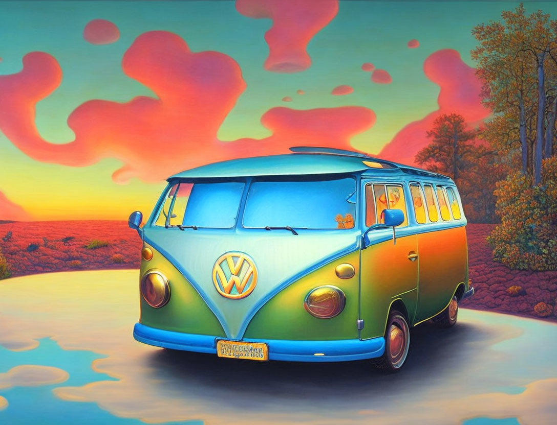 Volkswagen Bus Painting with Sunset Sky and Trees