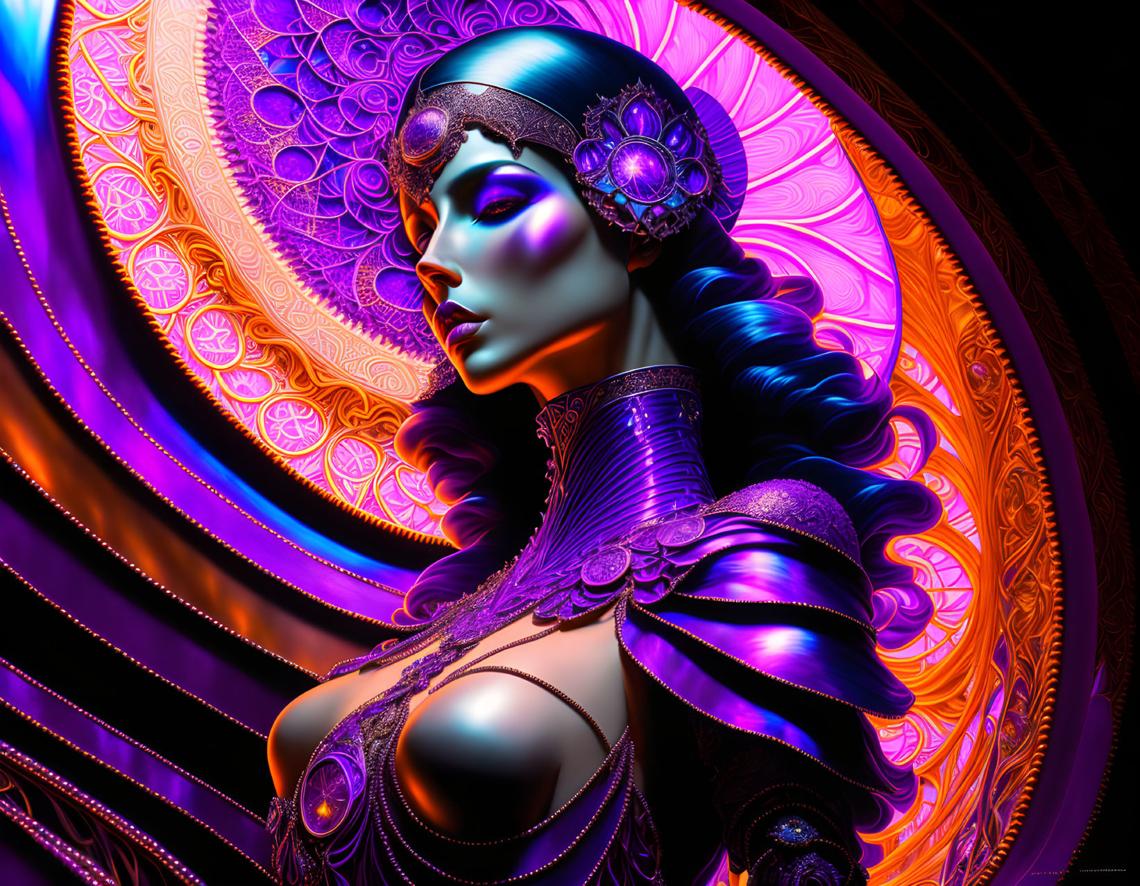 Digital artwork: Woman with blue skin, elaborate headdress and armor, against gold and purple patterns