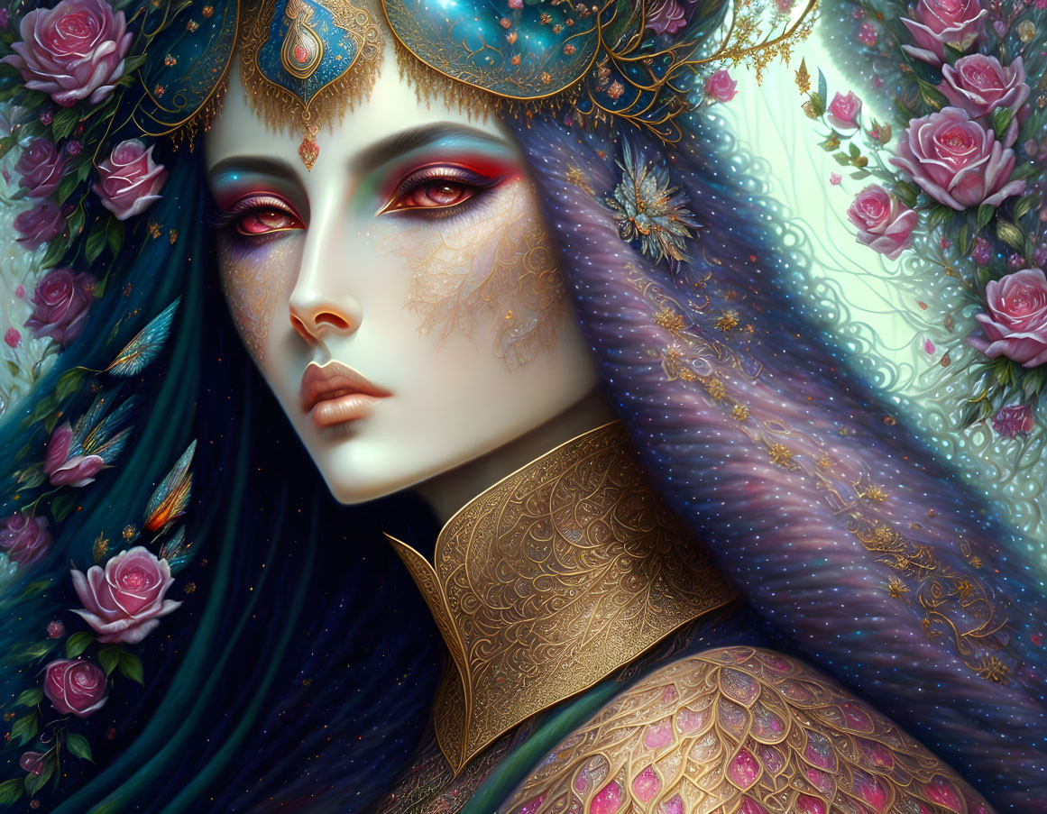 Fantasy illustration of woman with violet hair, ornate crown, gold jewelry, pink roses, eth