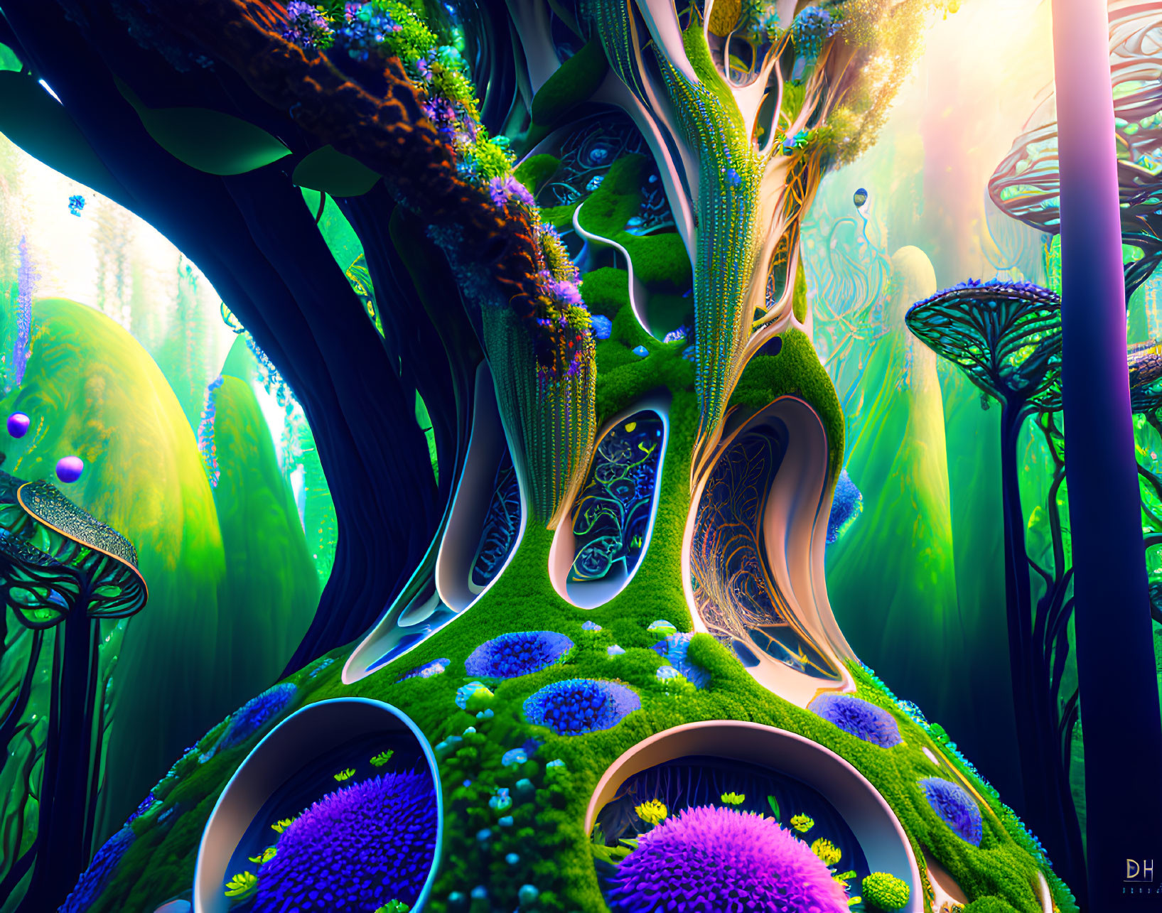 Fantastical forest digital artwork with neon colors & intricate tree designs