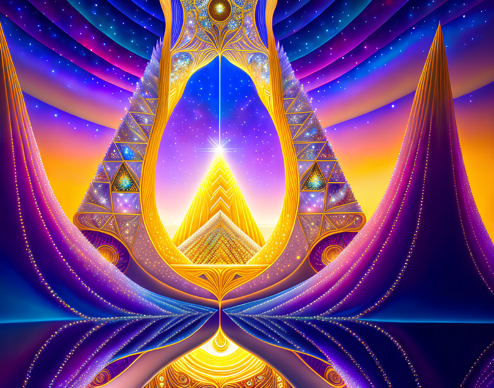 Geometric Patterns and Glowing Pyramid in Cosmic Digital Art