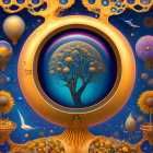 Surrealist artwork: Golden tree, circular frames, space background, orbs, fish, cosmic elements