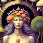 Surreal Artistic Depiction of Woman with Red-Capped Mushroom Headdress