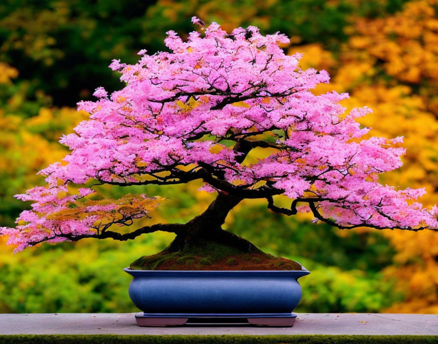 Pink bonsai tree in bloom in blue pot on autumn background