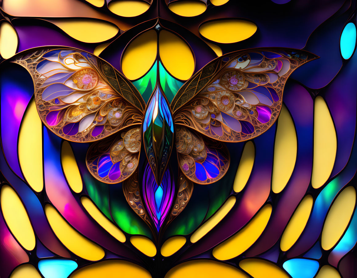 Colorful Fractal Butterfly with Gold Accents on Multicolored Stained-Glass Background