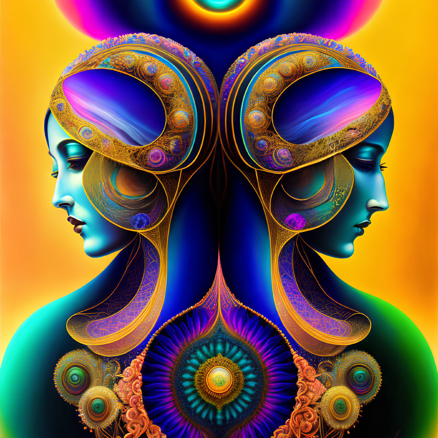 Vibrant digital artwork of mirrored woman profiles with peacock headdresses