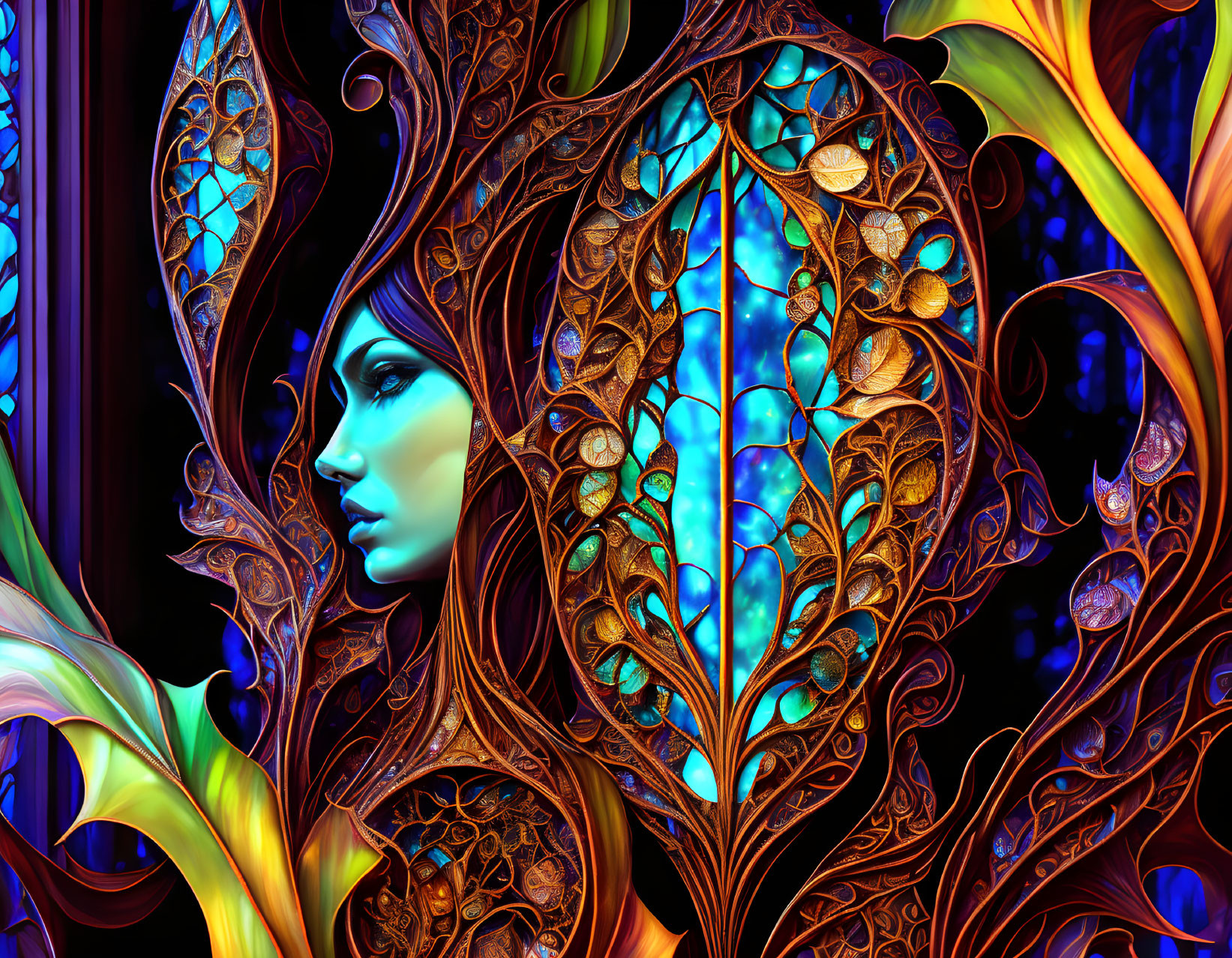 Vibrant digital artwork of woman's profile with ornate stained glass patterns