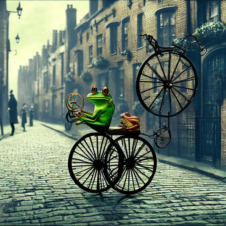 Large frog in formal attire riding vintage penny-farthing bicycle in old-fashioned city scene