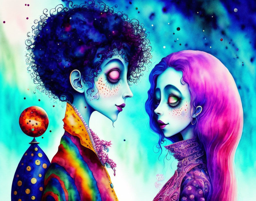 Colorful characters with vibrant hair and intricate facial designs in cosmic backdrop