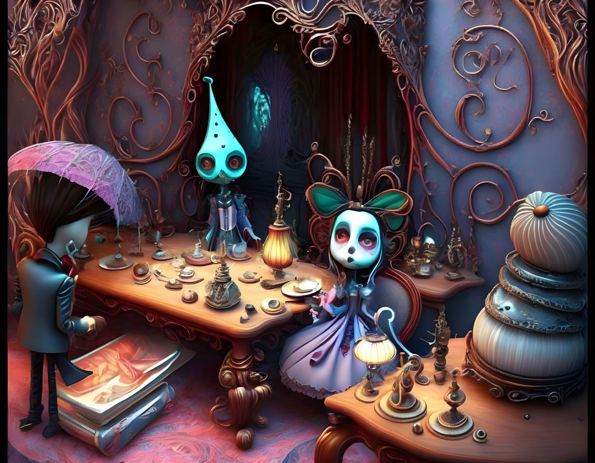 Fantasy Tea Party Scene with Whimsical Creatures in Gothic Decor