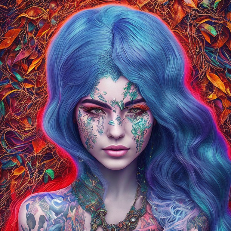 Vibrant digital art: Woman with blue hair and leafy tattoos in fiery red backdrop