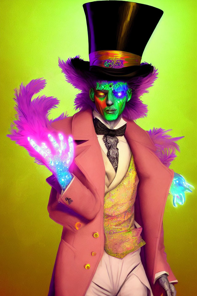 Colorful character with green face, top hat, pink blazer, and blue magic.