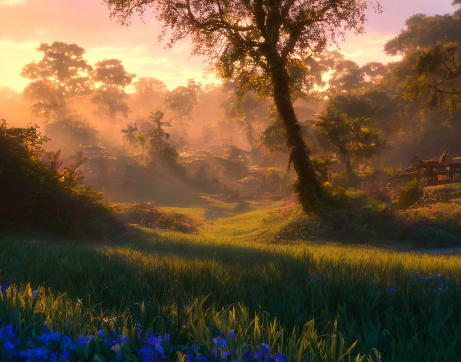 Tranquil sunrise scene over lush field with vibrant flowers, misty ambiance, trees, and distant