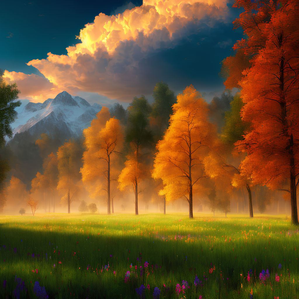 Vibrant autumn landscape with orange trees, purple wildflowers, and snow-capped mountain.