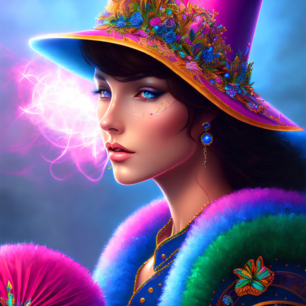 Colorful Woman with Magical Orb in Floral Hat and Cloak on Blue Background