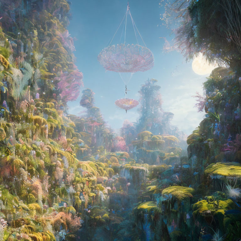 Fantastical landscape with crystal platforms, vibrant flora, and dual moons