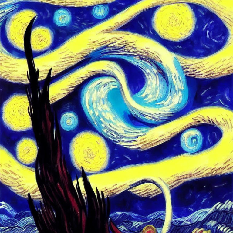 Stylized post-impressionist night sky with stars and crescent moon