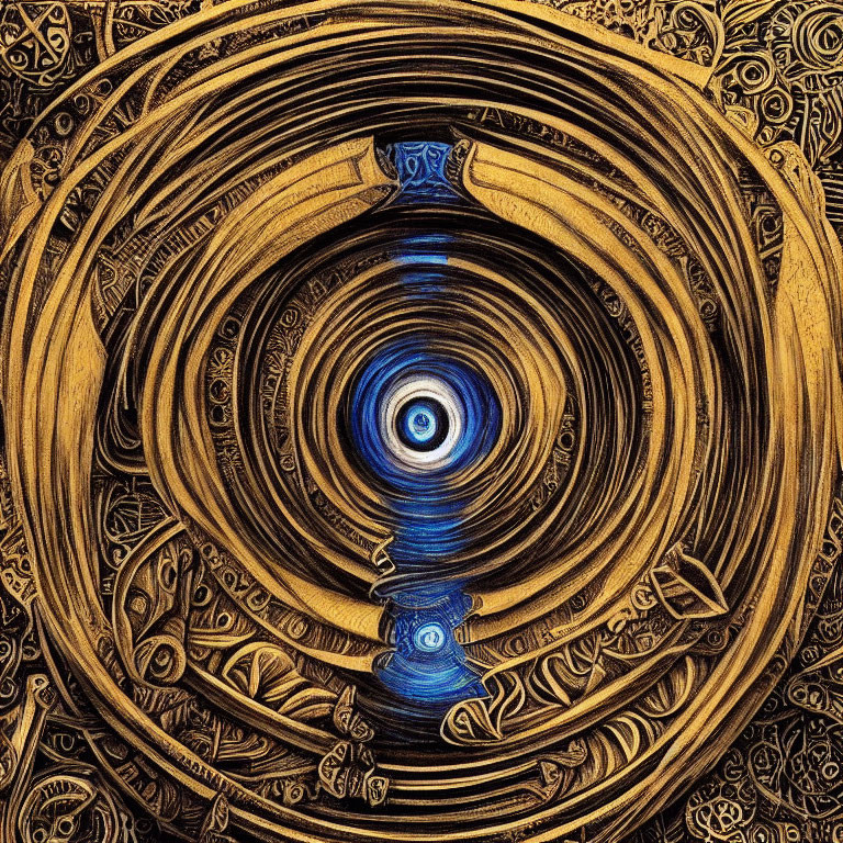 Digital image of blue vase surrounded by golden concentric circles with intricate patterns