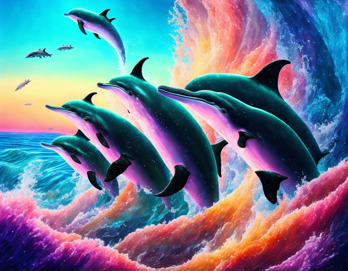 Colorful digital artwork: Dolphins leaping over sea waves with birds in swirling sky