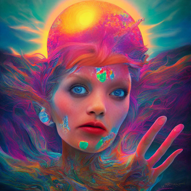 Colorful surreal portrait with glowing orb and raised hand