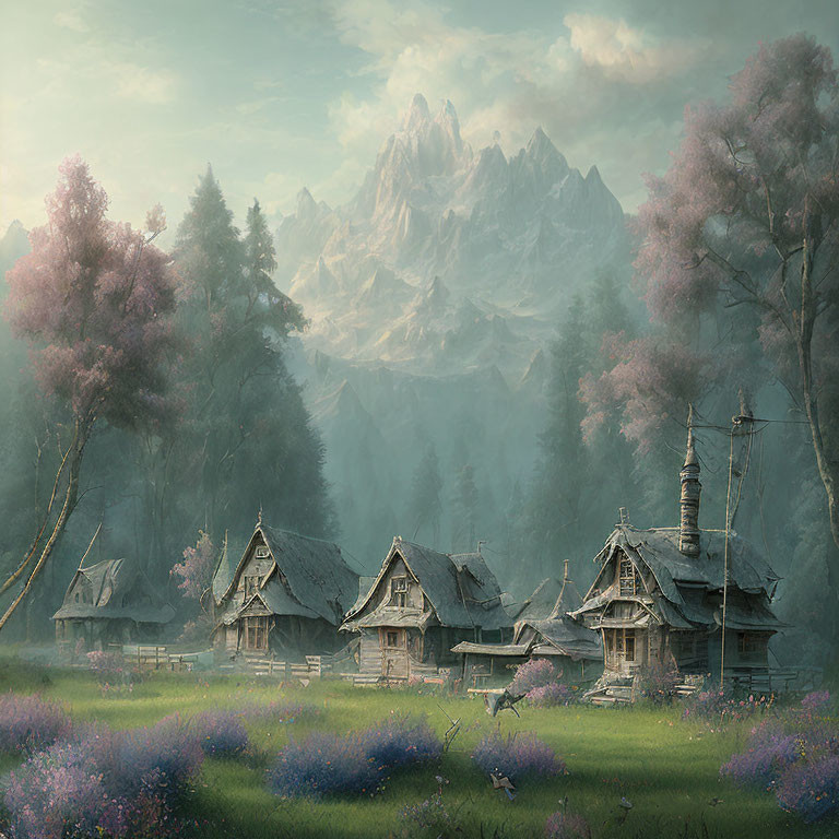 Traditional wooden houses in serene village with lilac flowers and misty mountains