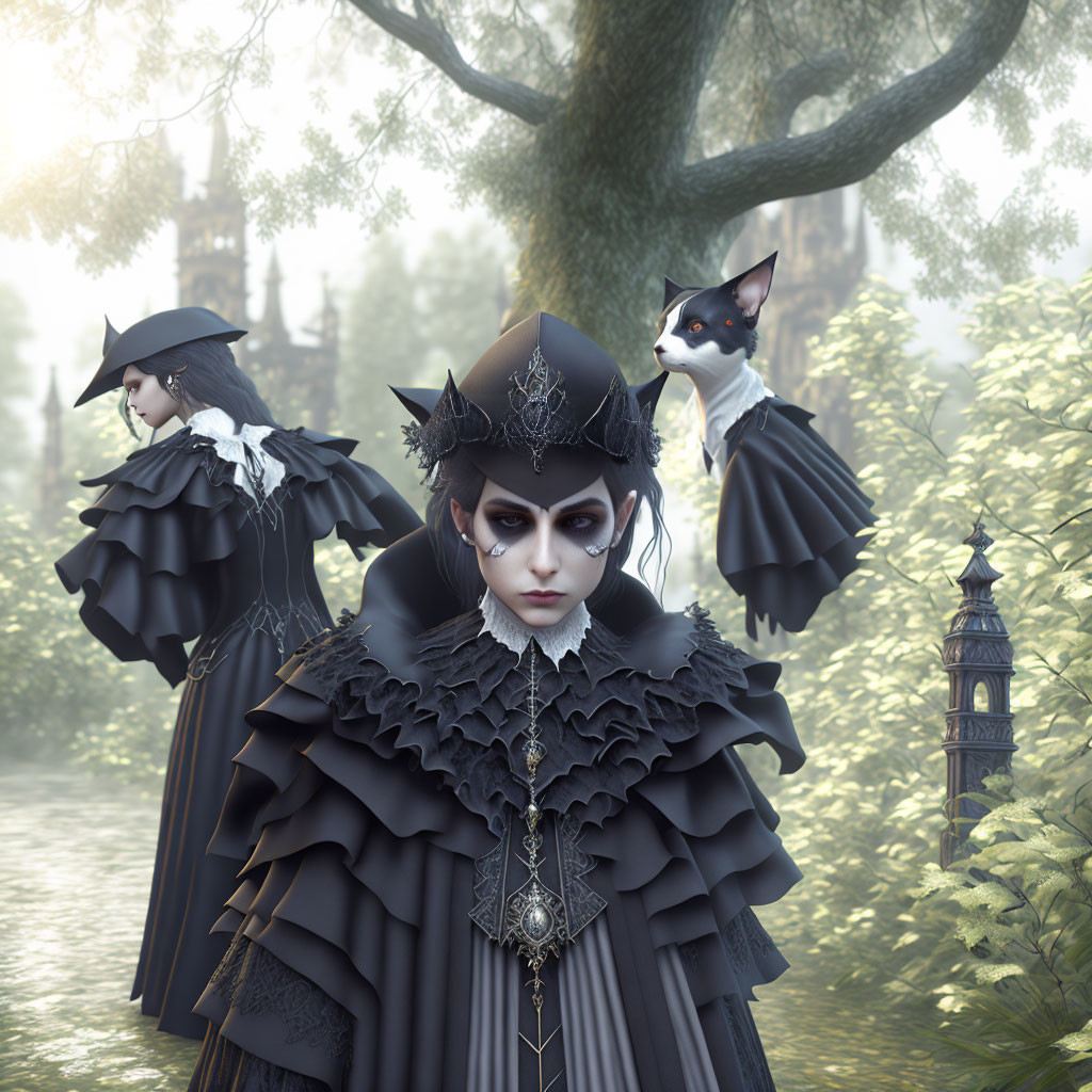 Gothic figure in ruffled black outfit with dog in misty forest