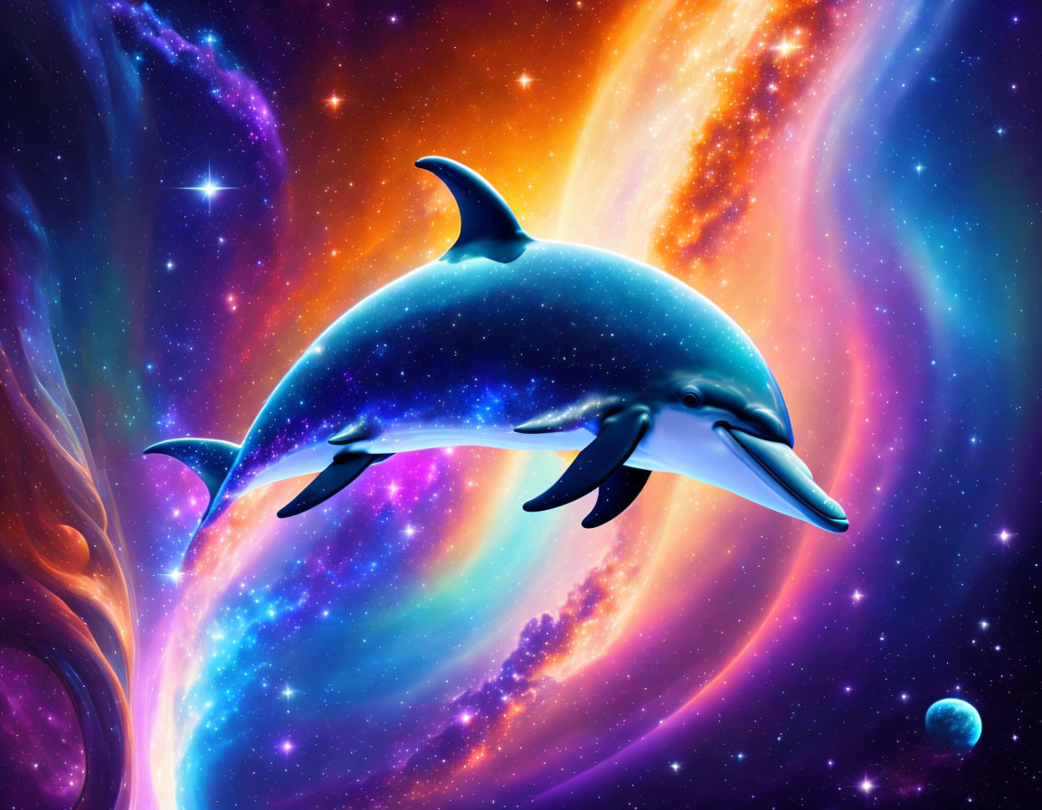 Vibrant galactic background with dolphin and swirling colors