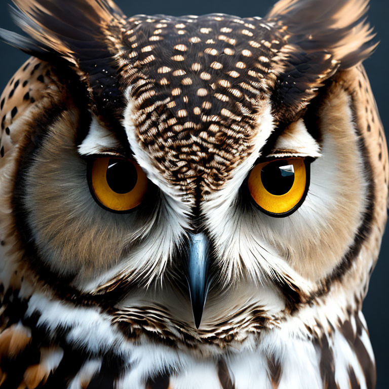 Majestic owl with yellow eyes, brown and white feathers, and sharp beak