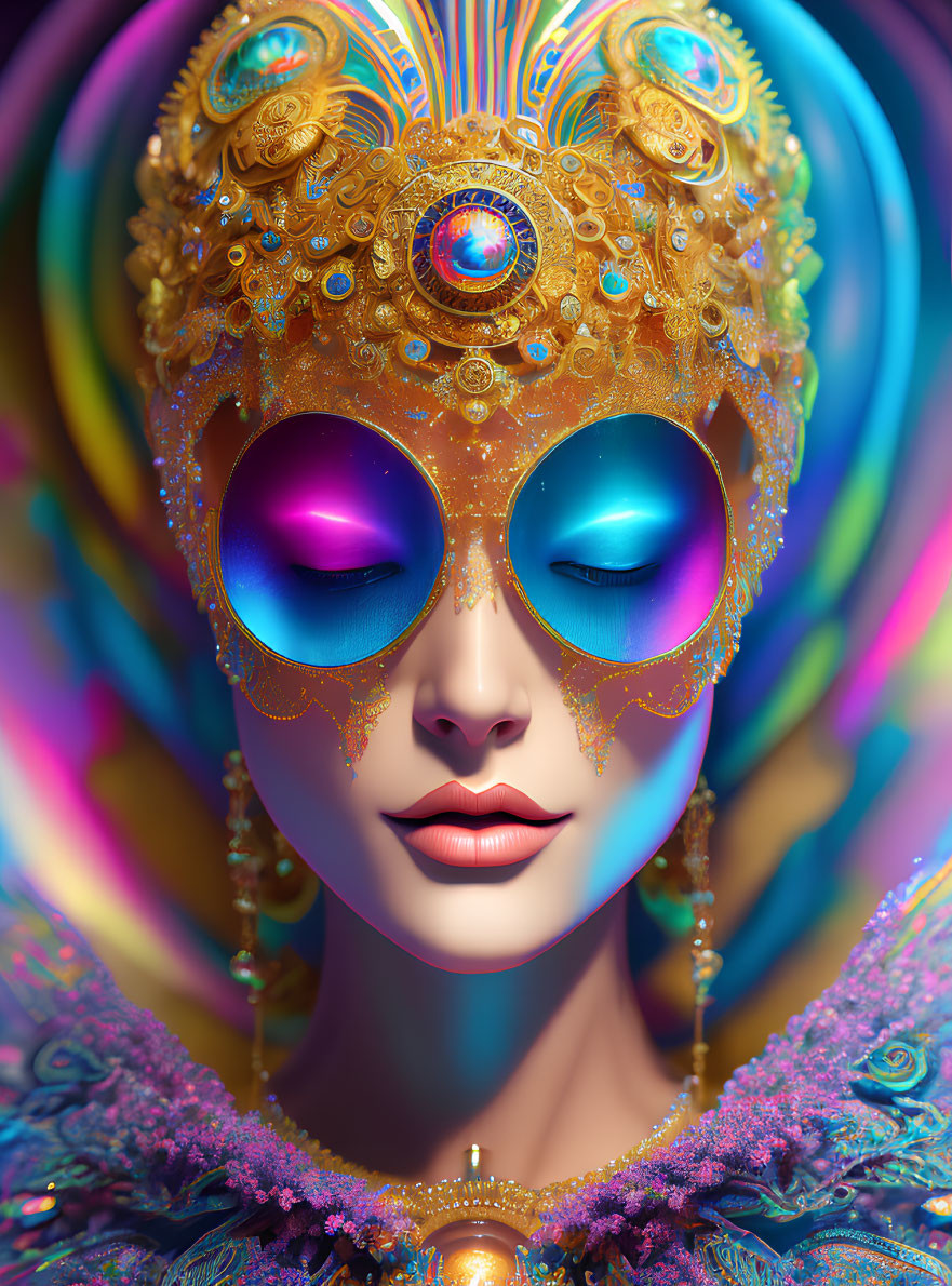 Intricate golden mask with jewels and peacock feathers in vibrant digital portrait