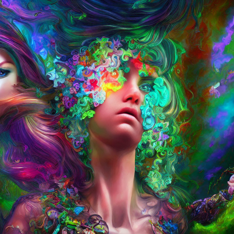 Colorful digital artwork: Person with floral-like substance melting into vivid hues.