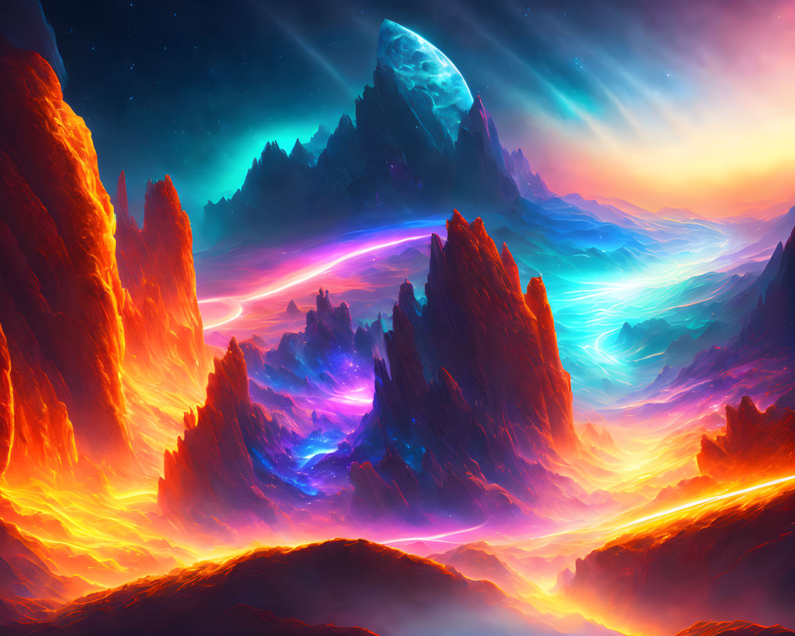 Colorful Sci-Fi Landscape with Glowing Lava and Neon Rivers