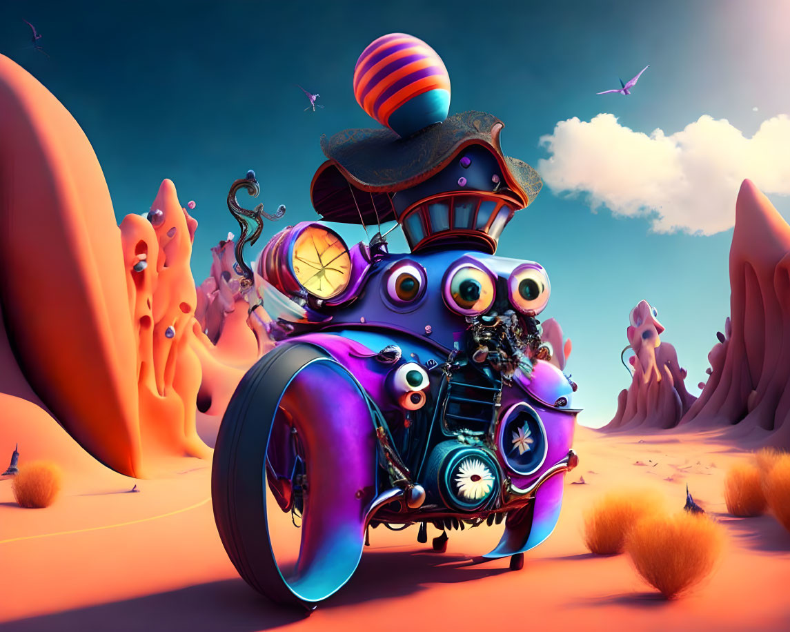 Whimsical purple car with cartoon eyes and top hat flying over desert landscape