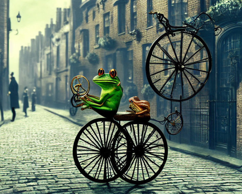 Large frog in formal attire riding vintage penny-farthing bicycle in old-fashioned city scene