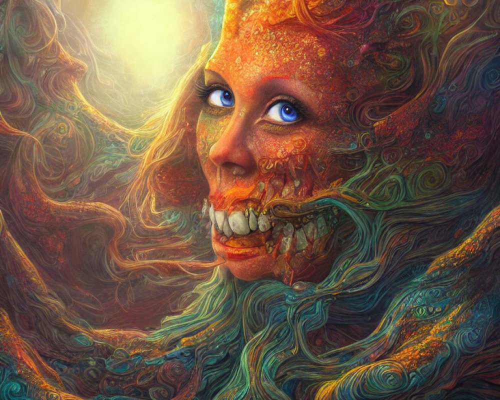 Colorful surreal portrait with human features and swirling patterns on cosmic background.