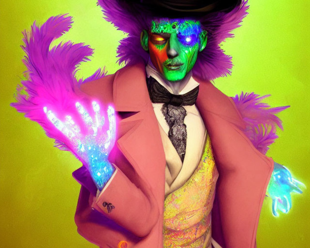 Colorful character with green face, top hat, pink blazer, and blue magic.