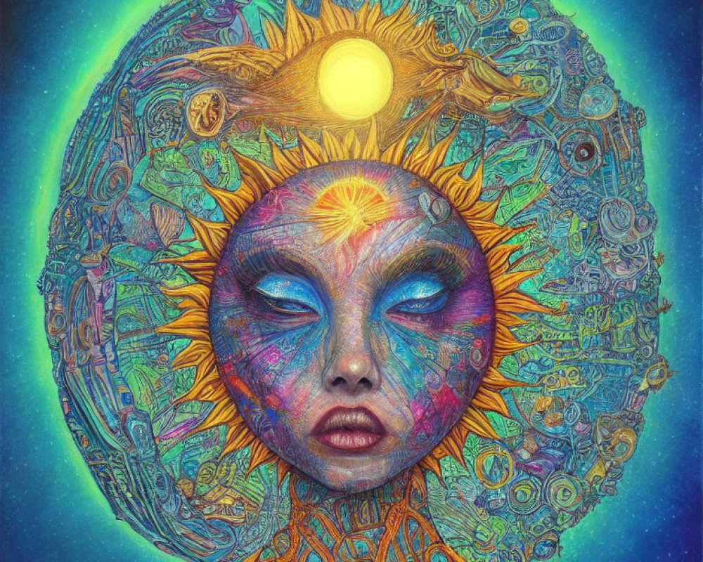 Colorful Artwork of Face with Closed Eyes and Sun Against Cosmic Background