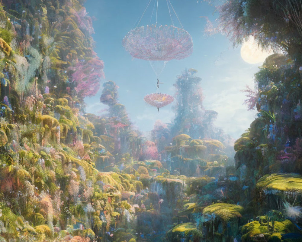 Fantastical landscape with crystal platforms, vibrant flora, and dual moons