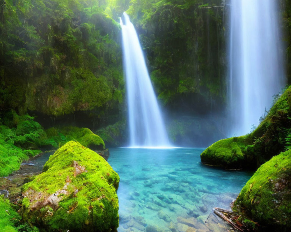 Tranquil waterfall in lush greenery and blue pool