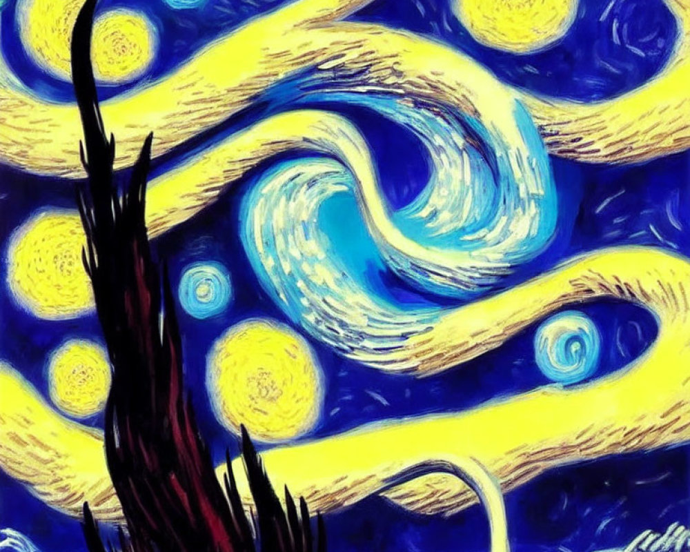 Stylized post-impressionist night sky with stars and crescent moon