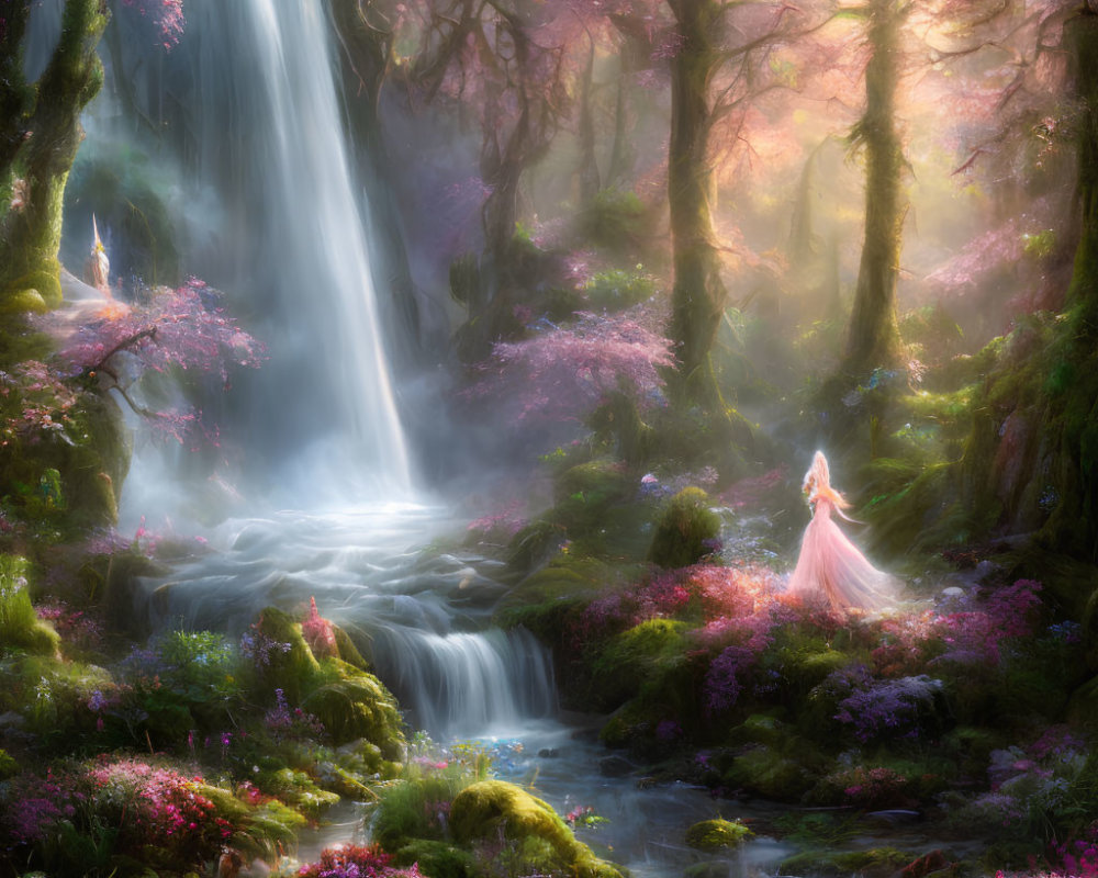 Enchanting forest with waterfall, pink trees, and woman in ethereal light