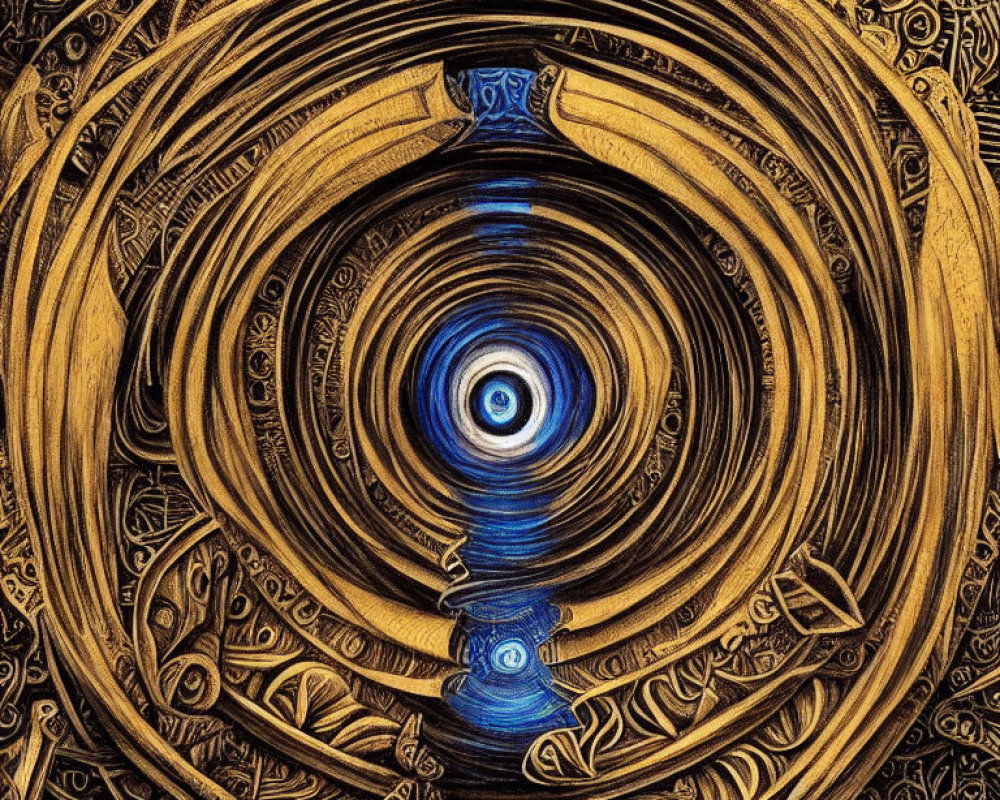 Digital image of blue vase surrounded by golden concentric circles with intricate patterns